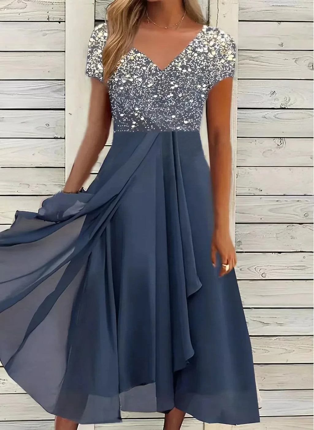 SUENTA Parsha | Damen Langes Abendkleid Hochzeit | Maxi – Elegante A-Linie & Seidiger Glanz Silber blau