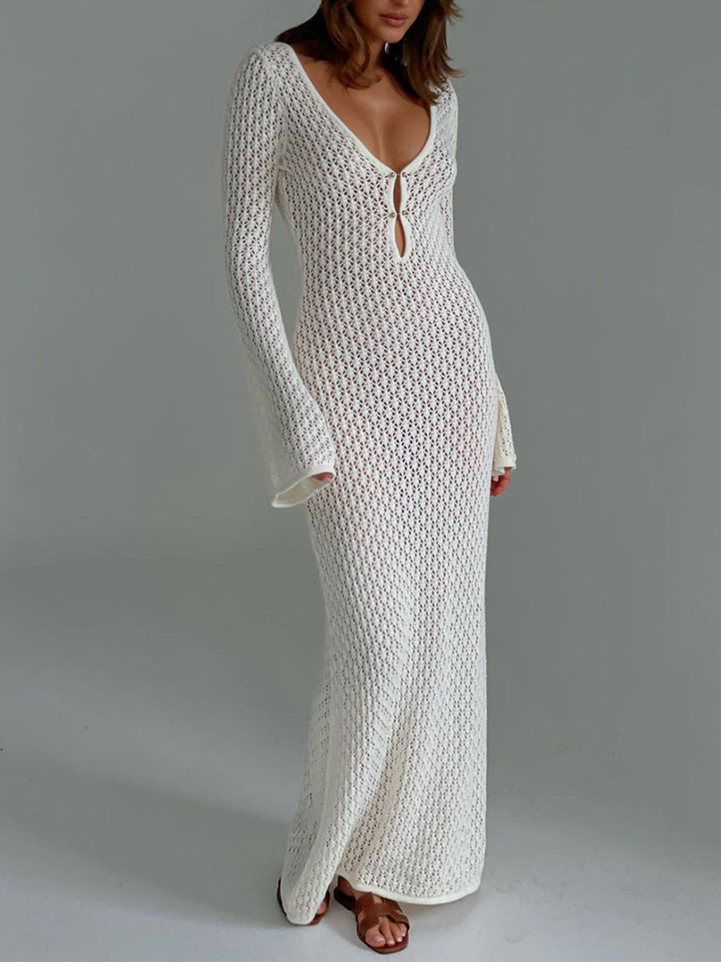 SUENTA Damen-Maxikleid Häkeldesign V-Ausschnitt mit Schleife Lässige Passform