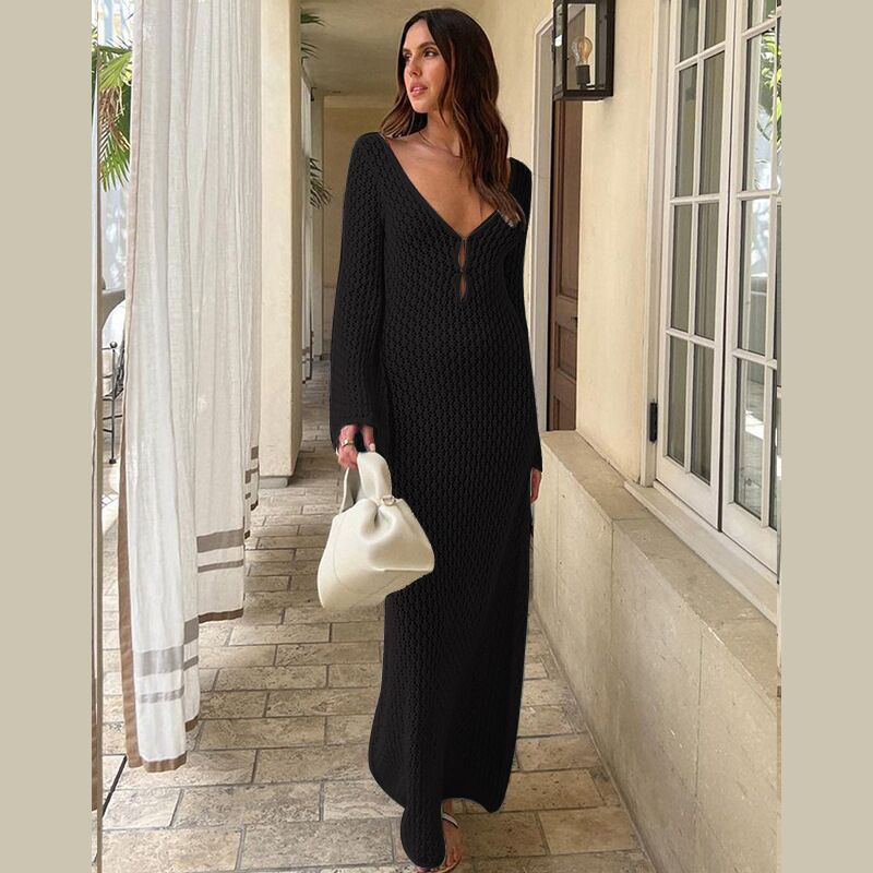 SUENTA Damen-Maxikleid Häkeldesign V-Ausschnitt mit Schleife Lässige Passform Schwarz