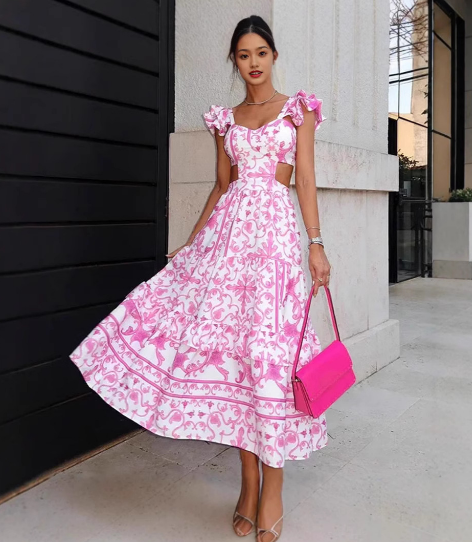 SUENTA Maxikleid für Damen–Tiefer V-Ausschnitt–Rüschenärmel–A-Linien-Schnitt–Blumenmuster Rosa