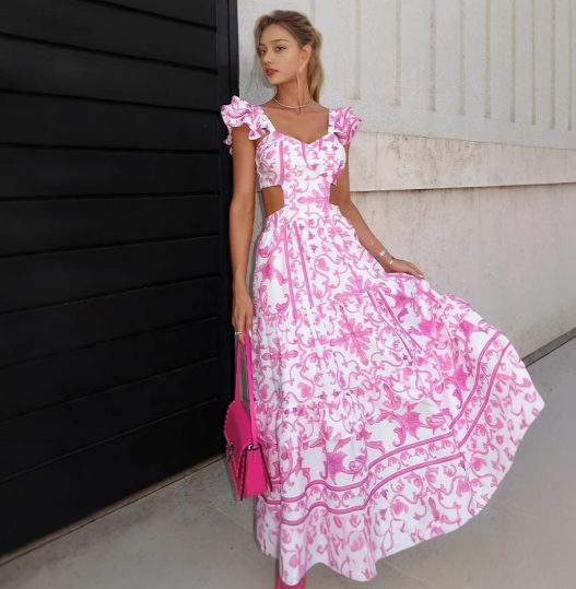 SUENTA Maxikleid für Damen–Tiefer V-Ausschnitt–Rüschenärmel–A-Linien-Schnitt–Blumenmuster