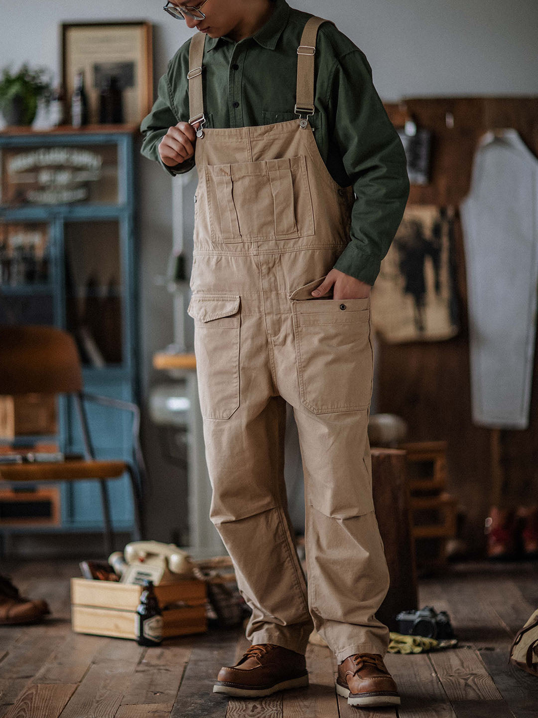 SUENTA Herren Handwerker Latzhose 100 Prozent Baumwollstoff Lockere Schnitt - Overall Khaki