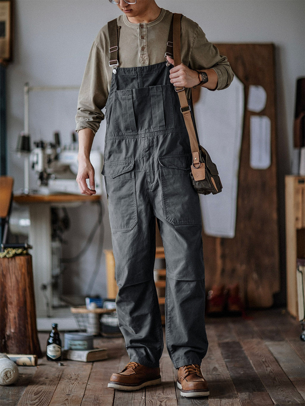 SUENTA Herren Handwerker Latzhose 100 Prozent Baumwollstoff Lockere Schnitt - Overall Dunkelgrau