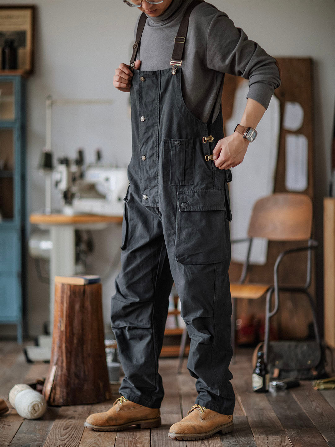 SUENTA Herren Latzhose Aus Canvas Langlebigkeit Und Funktionalität - Overall Dunkelgrau