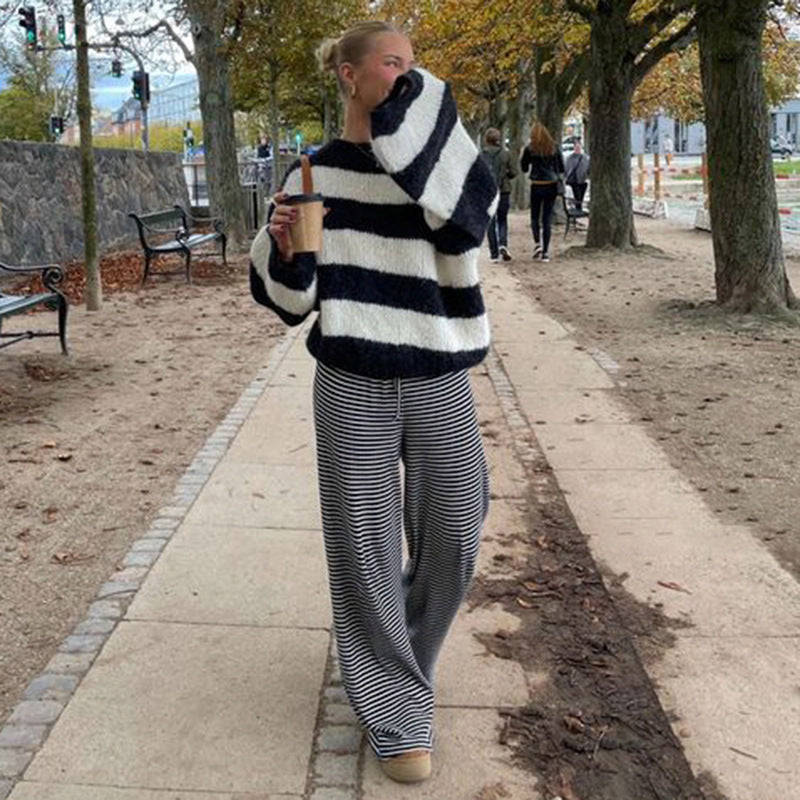 SUENTA Damen Gestreifte Loungehose Mit Stretchanteil Niedriger Bund Schwarz