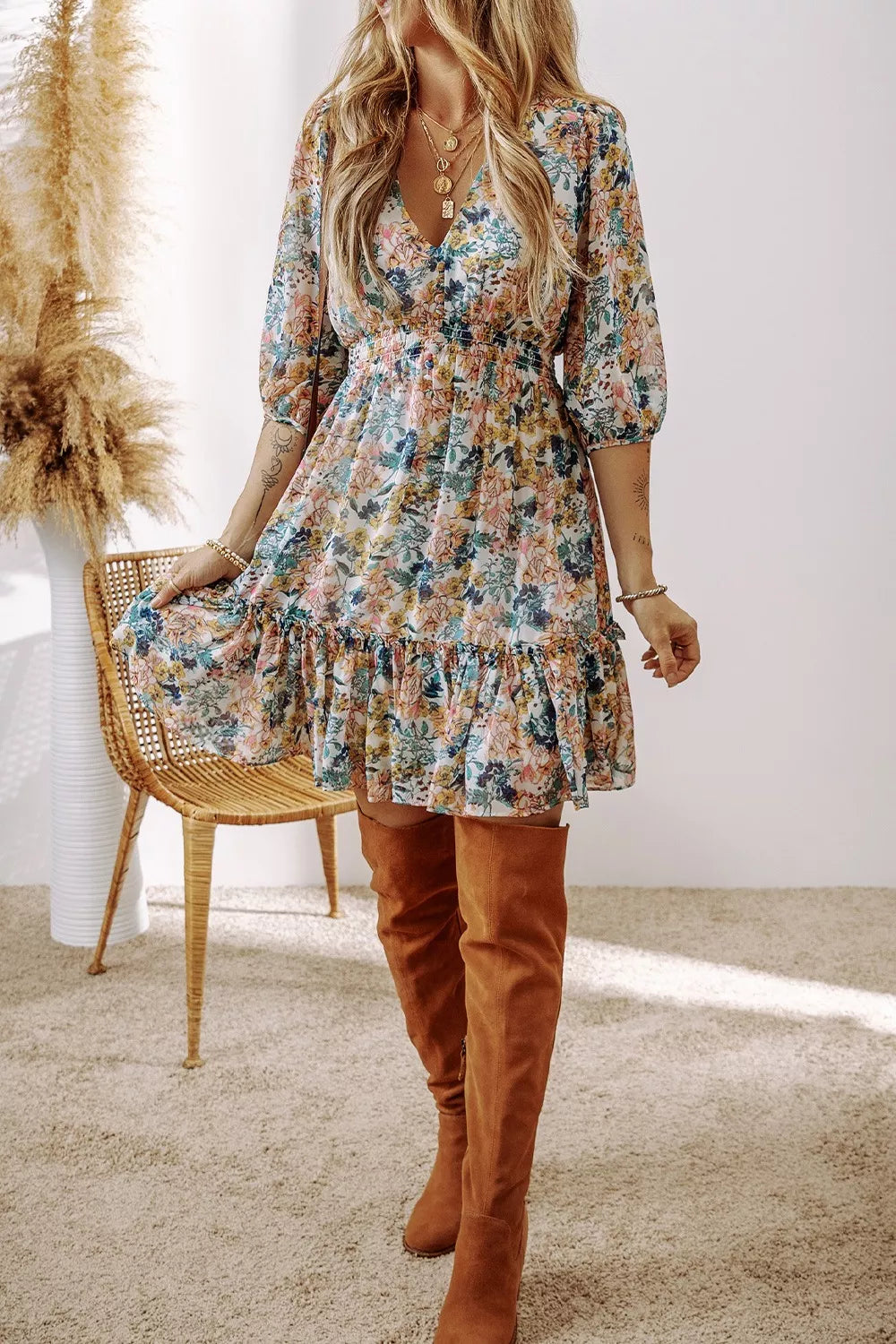 SUENTA Minikleid mit Blumenmuster und Rüschensaum Blumenmuster