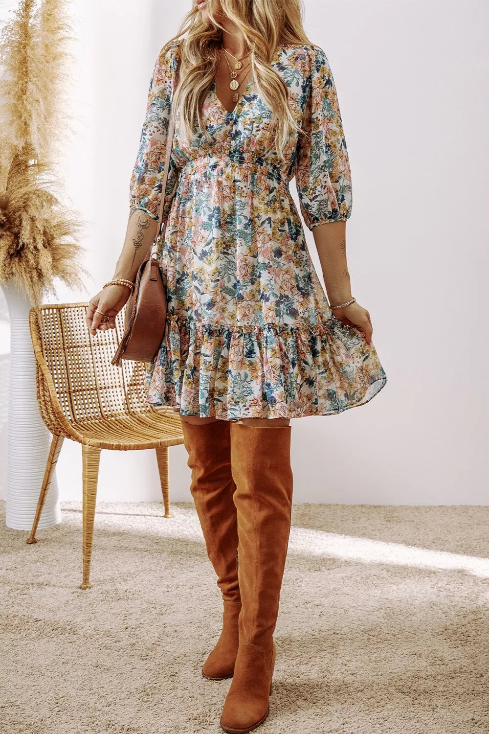SUENTA Minikleid mit Blumenmuster und Rüschensaum