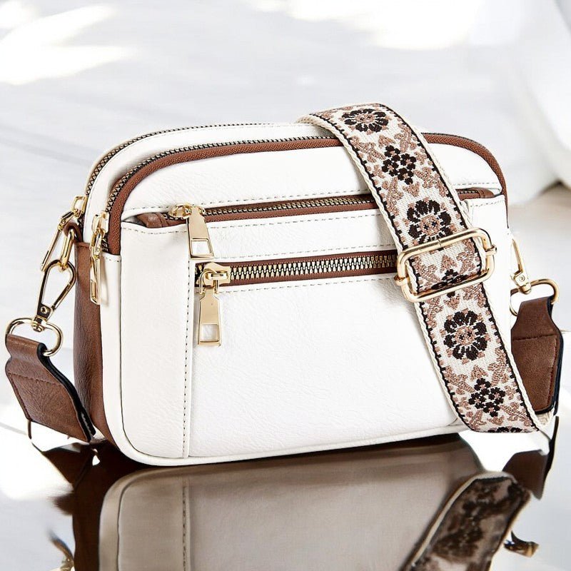 SUENTA Schultertasche Aus Feinem Leder Viel Platz Mehrere Abteile Verstellbare Riemen Beige mit Braun