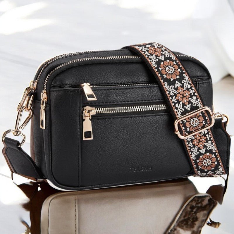 SUENTA Schultertasche Aus Feinem Leder Viel Platz Mehrere Abteile Verstellbare Riemen Schwarz