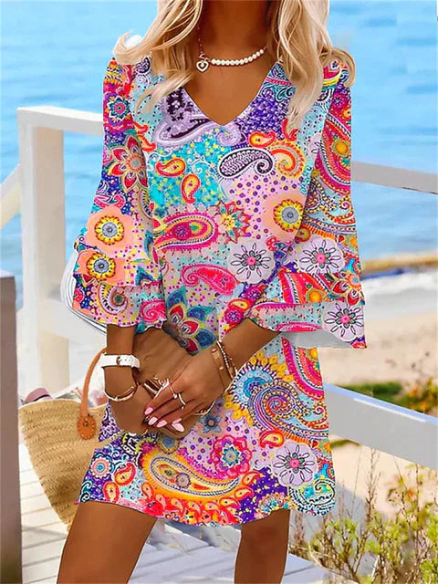 SUENTA Kleid Buntes Print-Kleid Eleganz Für Frühling Und Sommer Multicolor