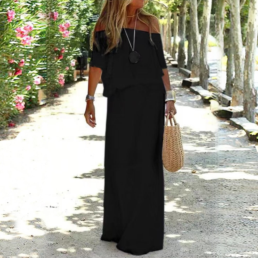 SUENTA Schulterfreies Maxikleid Elegantes Locker Sitzendes Design Schwarz