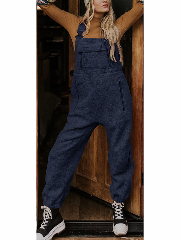 SUENTA Damen Fleece Thermo Overall – Warmer Einteiler mit Praktischen Reißverschlusstaschen Marineblau