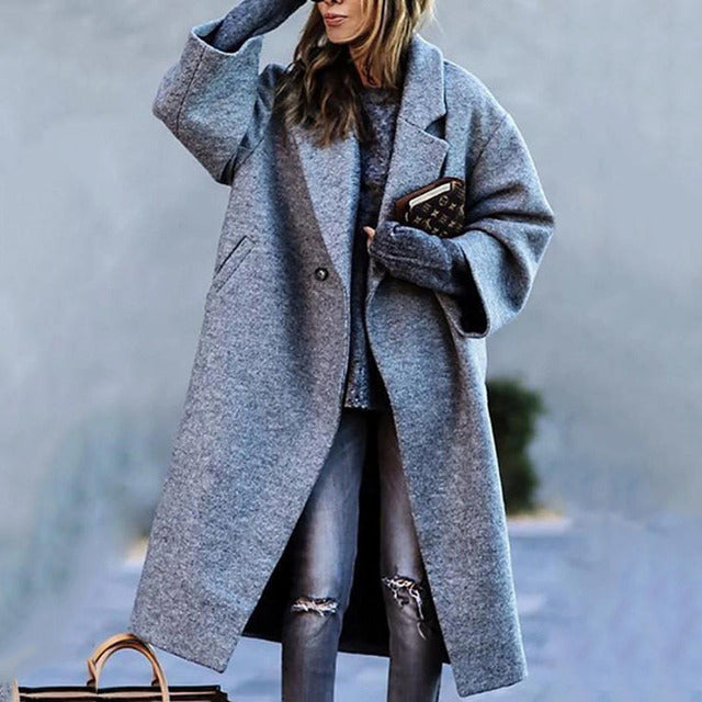 SUENTA Damen Lässiger Herbst Lang Mantel Warme Eleganz Herbsttage - Winterjacke Damen Grå
