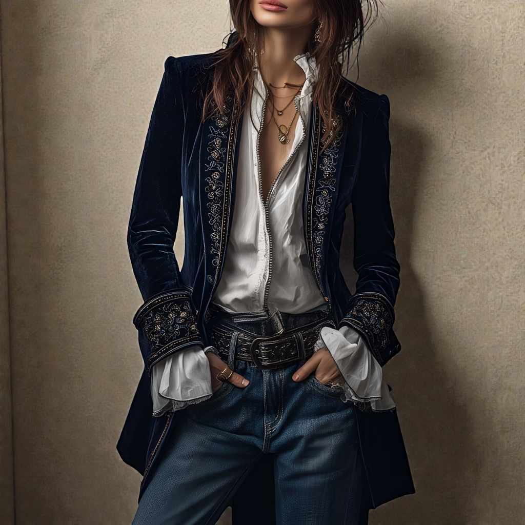 SUENTA Elegante Samtjacke Luxuriösen Samtmaterial Exquisiten Verarbeitung Marineblau
