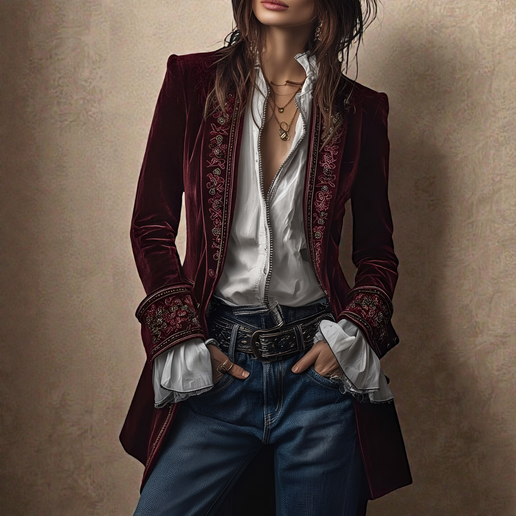 SUENTA Elegante Samtjacke Luxuriösen Samtmaterial Exquisiten Verarbeitung Rot