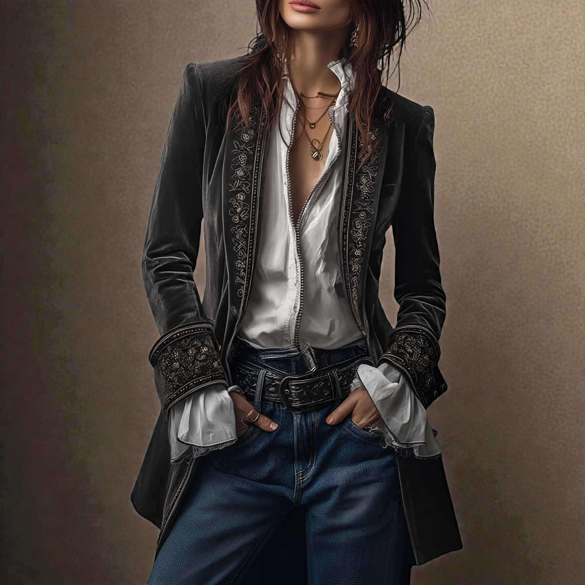 SUENTA Elegante Samtjacke Luxuriösen Samtmaterial Exquisiten Verarbeitung Olivgrün