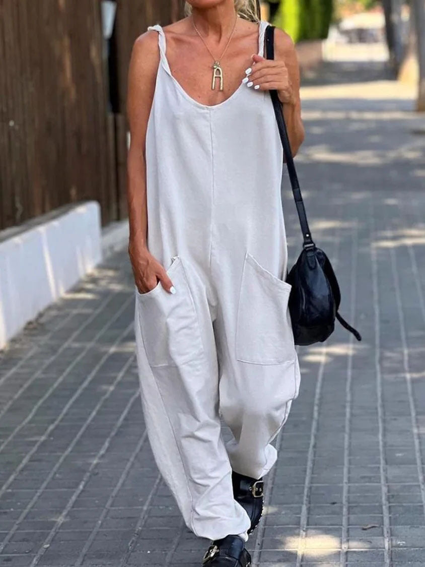 SUENTA Damen Latzhose – Lockere Baumwoll-Polyester Hose mit Großen Taschen Weiß