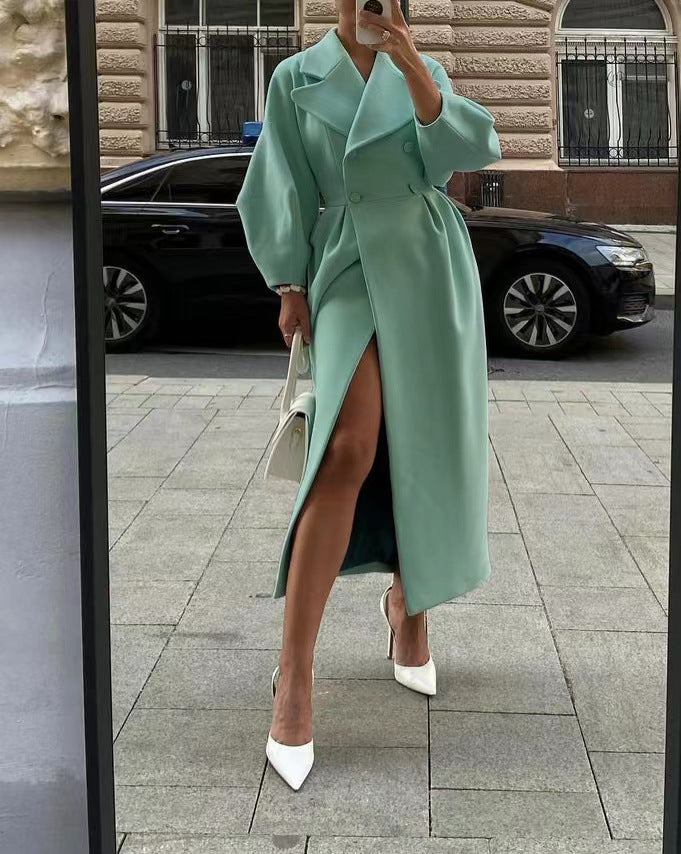 SUENTA Eleganter Langer Trenchcoat Reverskragen Damen Laternenärmel - Winterjacke Damen Grün