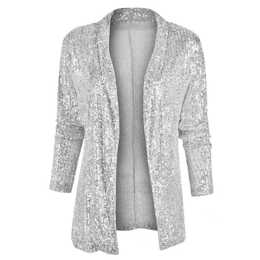 SUENTA Damen Glänzender Party Blazer Mantel Pailletten Pailletten - Winterjacke Damen Weiß