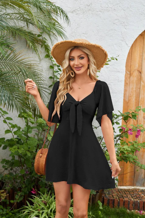 SUENTA Damen Midi-Wickelkleid - Mit tiefem V-Ausschnitt und luftigem Design Schwarz