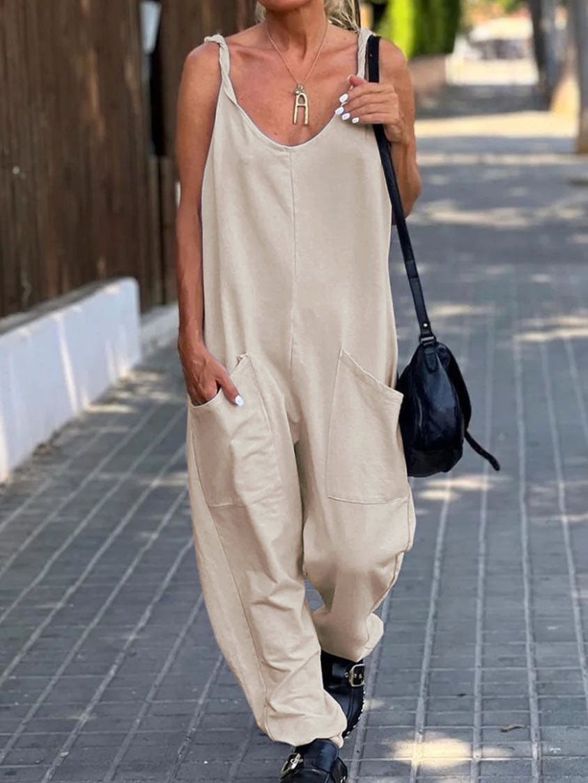SUENTA Damen Latzhose – Lockere Baumwoll-Polyester Hose mit Großen Taschen Beige