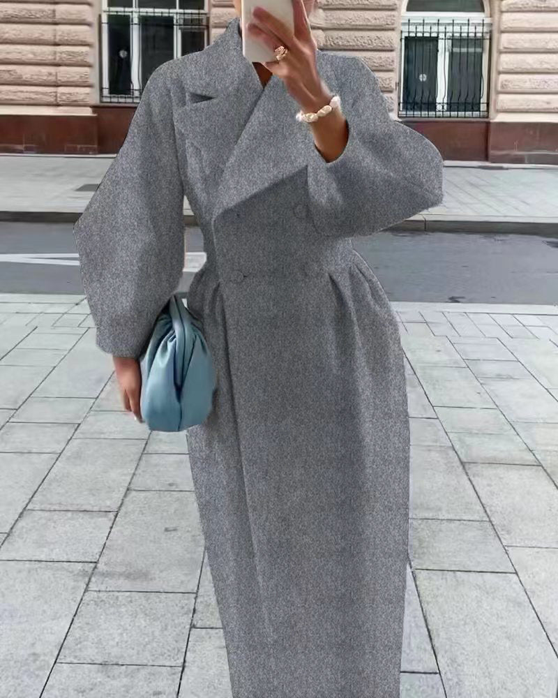 SUENTA Eleganter Langer Trenchcoat Reverskragen Damen Laternenärmel - Winterjacke Damen Grau