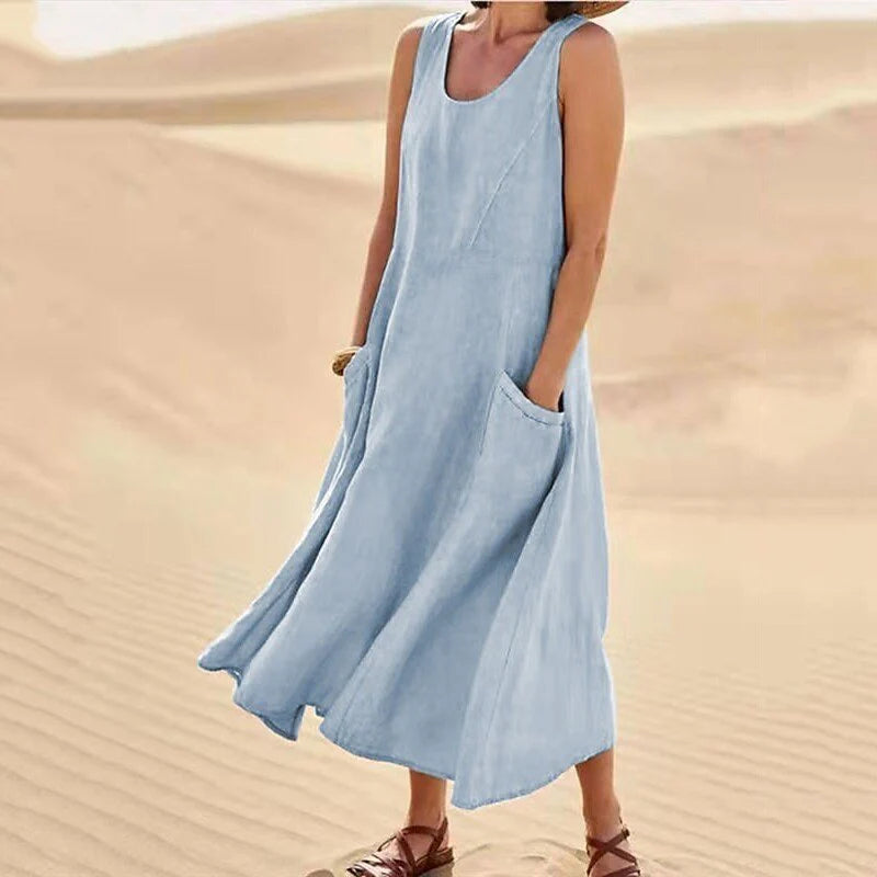 SUENTA Damen Sommerkleid mit Rundhals - Luftiges Midi-Kleid Hellblau
