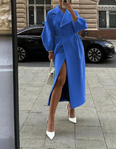 SUENTA Eleganter Langer Trenchcoat Reverskragen Damen Laternenärmel - Winterjacke Damen Blau