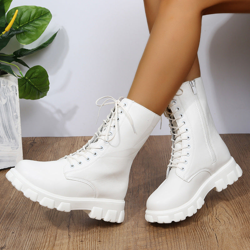 SUENTA Damen Stilvoll Dirndl Schuhe Plateau Mit Blockabsatz - Winterstiefel Weiß