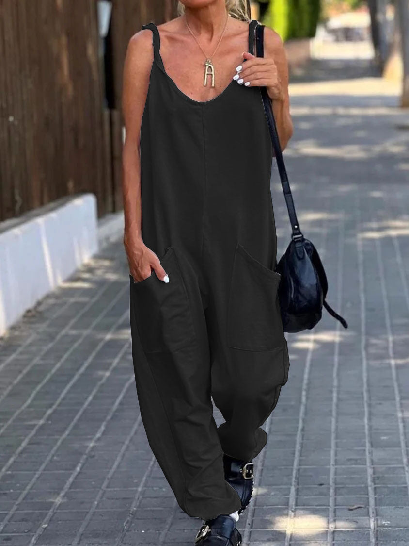 SUENTA Damen Latzhose – Lockere Baumwoll-Polyester Hose mit Großen Taschen Schwarz