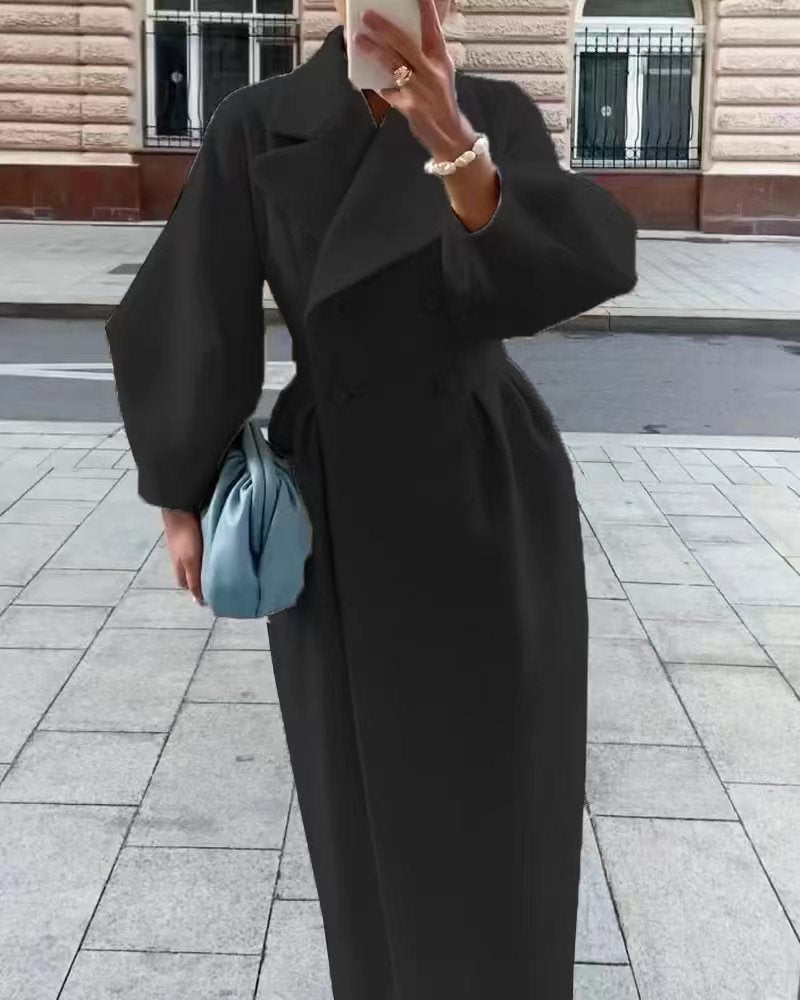 SUENTA Eleganter Langer Trenchcoat Reverskragen Damen Laternenärmel - Winterjacke Damen Schwarz