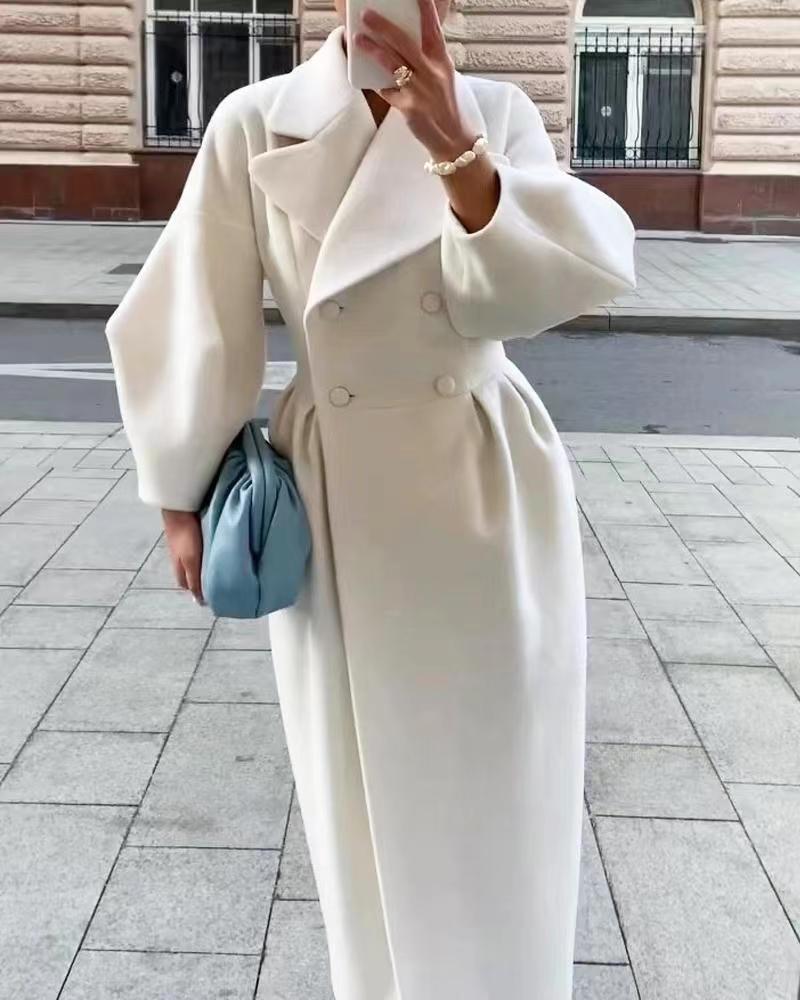 SUENTA Eleganter Langer Trenchcoat Reverskragen Damen Laternenärmel - Winterjacke Damen Weiß