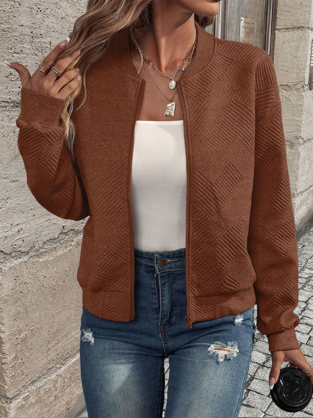 Flōre | Damen Strickjacke mit Reißverschluss und Struktur