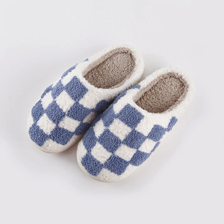 SUENTA Unisex-Hausschuhe Schachbrettmuster Wärme Innenfutter Blau