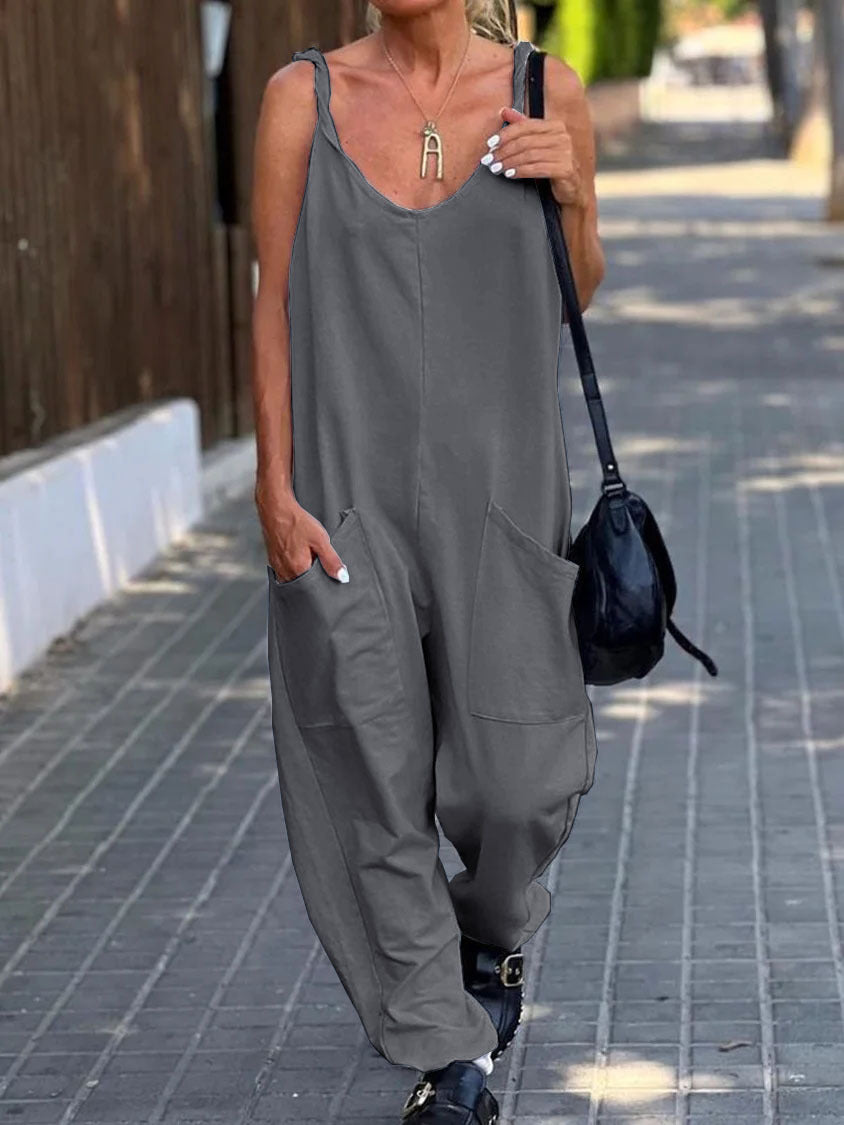 SUENTA Damen Latzhose – Lockere Baumwoll-Polyester Hose mit Großen Taschen Dunkelgrau
