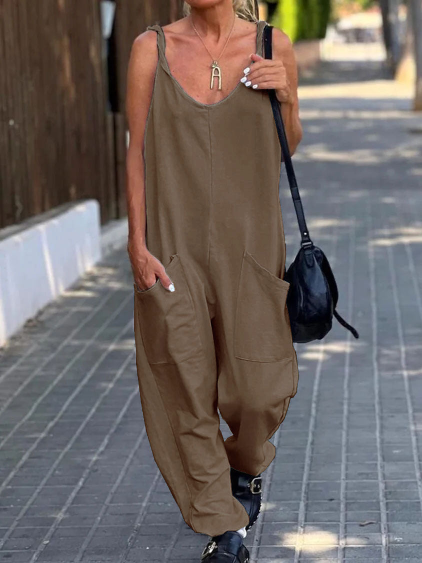 SUENTA Damen Latzhose – Lockere Baumwoll-Polyester Hose mit Großen Taschen Kaffee