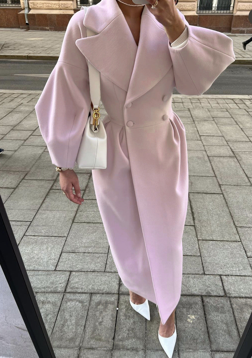 SUENTA Eleganter Langer Trenchcoat Reverskragen Damen Laternenärmel - Winterjacke Damen Rosa