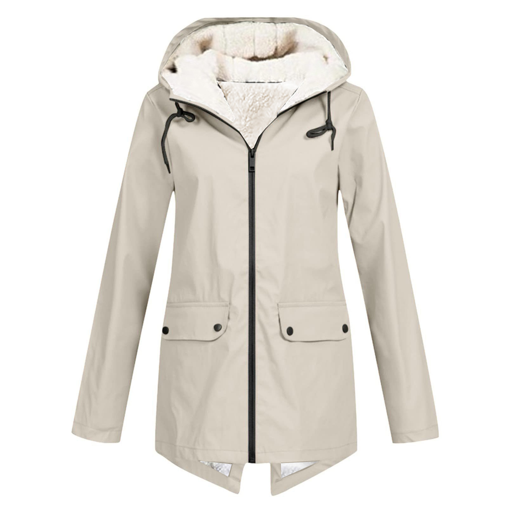 SUENTA Damen Winter Wasserdichter Trenchcoat Mit Kapuze Taschen Beige