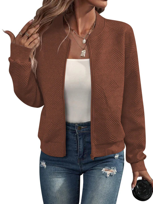 SUENTA Damen Minimalistische Übergangsjacke Mit Reißverschluss Dunkelbraun