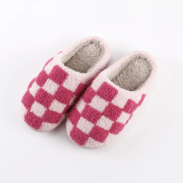 SUENTA Unisex-Hausschuhe Schachbrettmuster Wärme Innenfutter Rosa