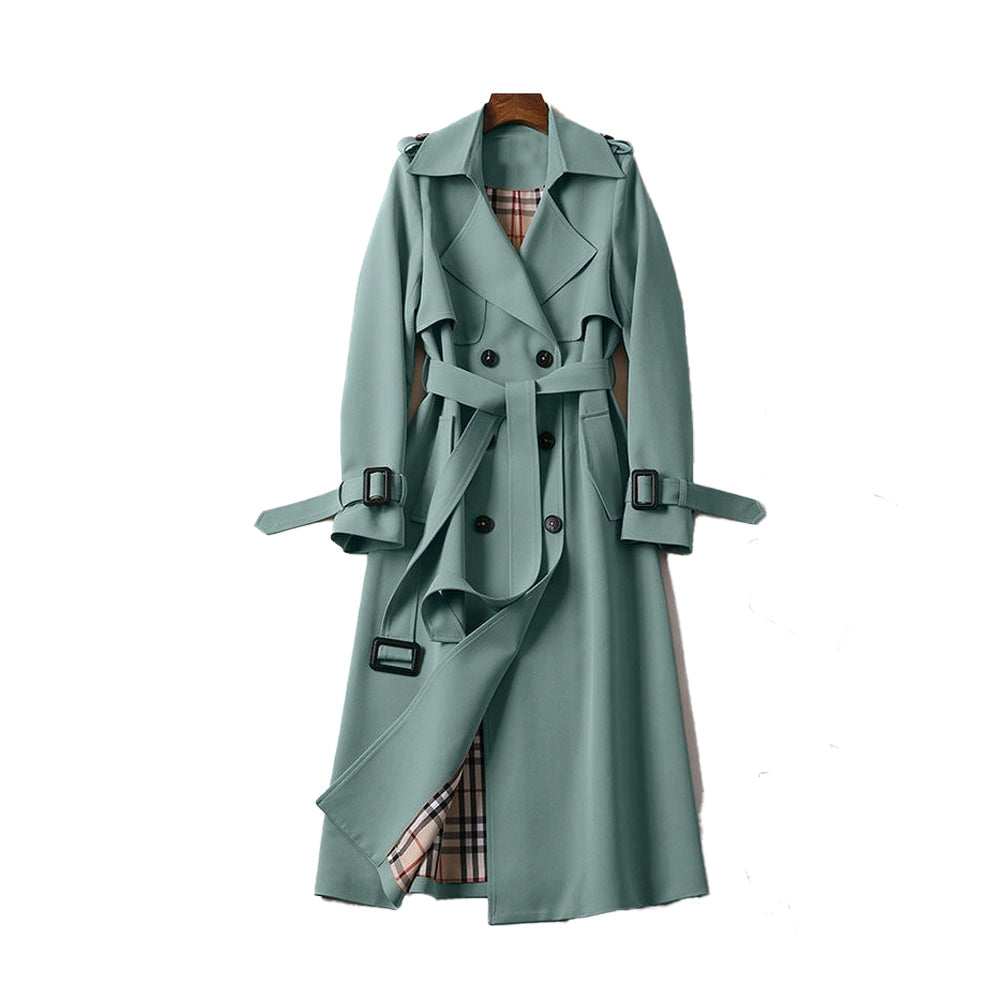 SUENTA Damen Trenchcoat Zweireihiges Modell Taillierten Passform Verstellbaren Gürtels Grün