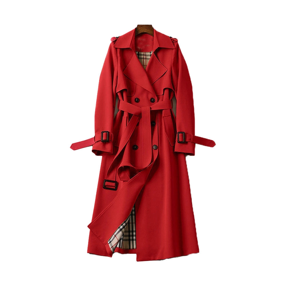 SUENTA Damen Trenchcoat Zweireihiges Modell Taillierten Passform Verstellbaren Gürtels Rot