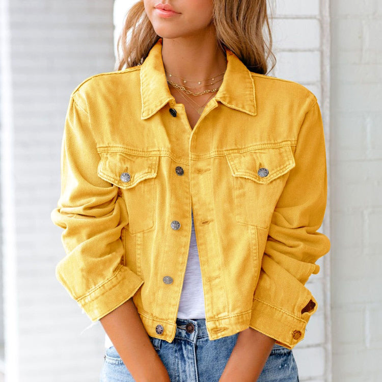 SUENTA Damen Jeansjacke – Einfarbige Denimjacke im Trendigen Streetstyle Look Gelb