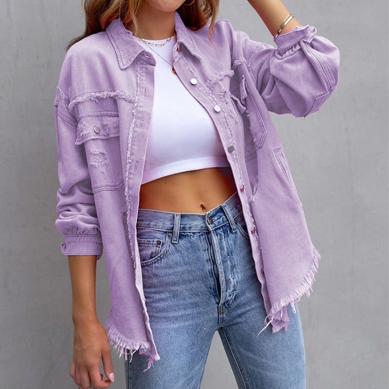 SUENTA Damen Jeansjacke – Moderne Zerschlissene Denim Jacke Lila