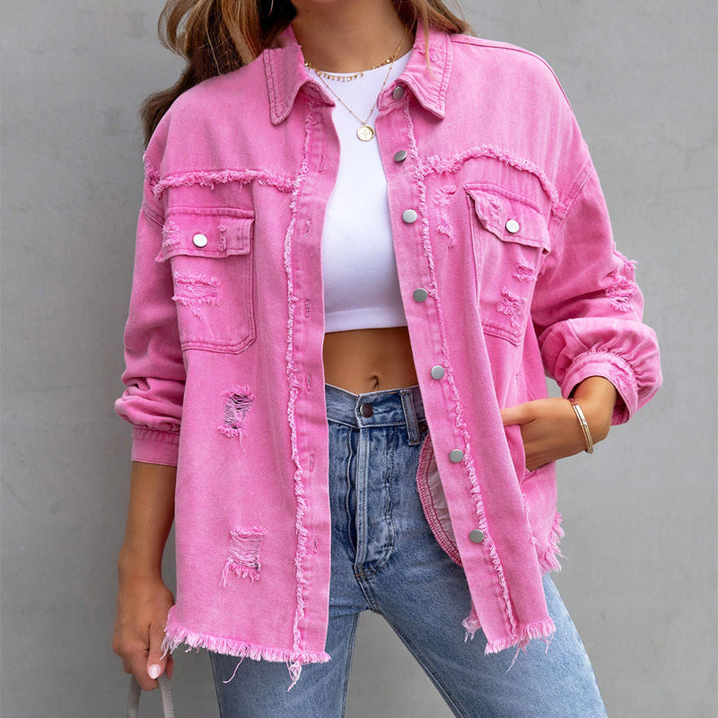 SUENTA Damen Jeansjacke – Moderne Zerschlissene Denim Jacke Rosa