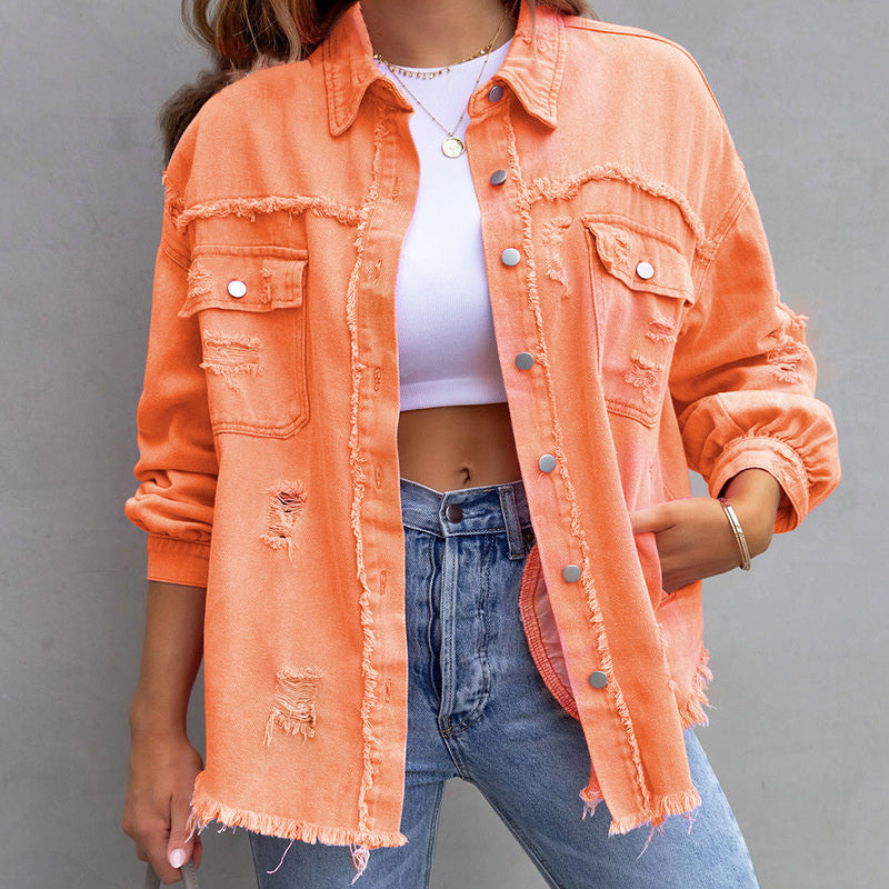 SUENTA Damen Jeansjacke – Moderne Zerschlissene Denim Jacke Orange