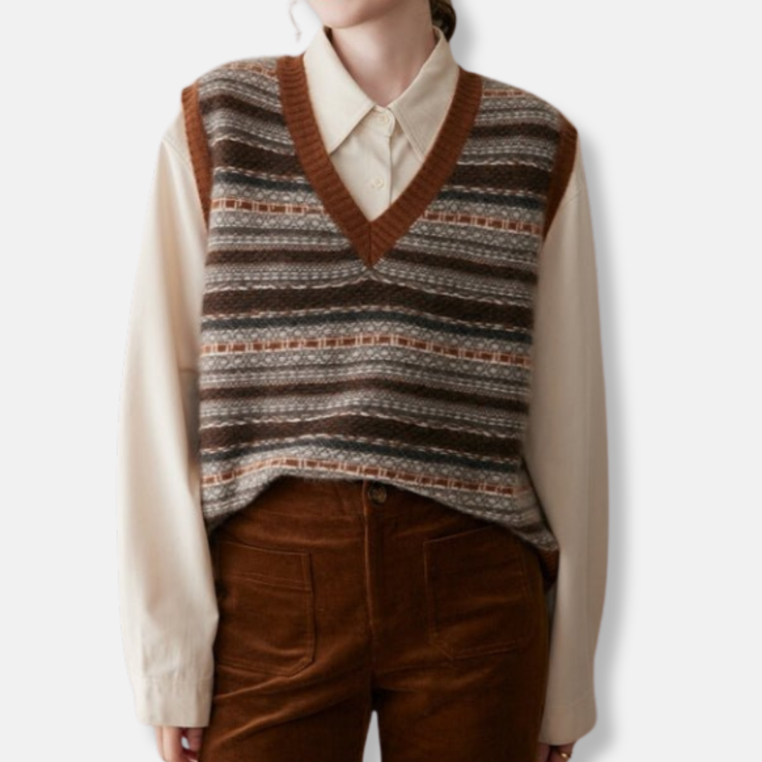 SUENTA Damen Weste Lockere Passform Fair-Isle-Muster Gerippte Bündchen Braun