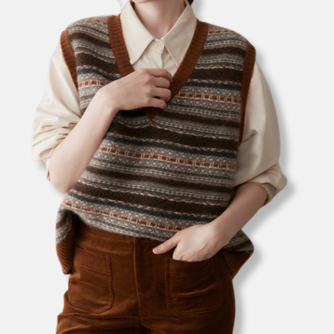 SUENTA Damen Weste Lockere Passform Fair-Isle-Muster Gerippte Bündchen