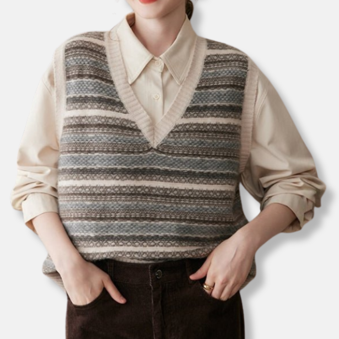 SUENTA Damen Weste Lockere Passform Fair-Isle-Muster Gerippte Bündchen