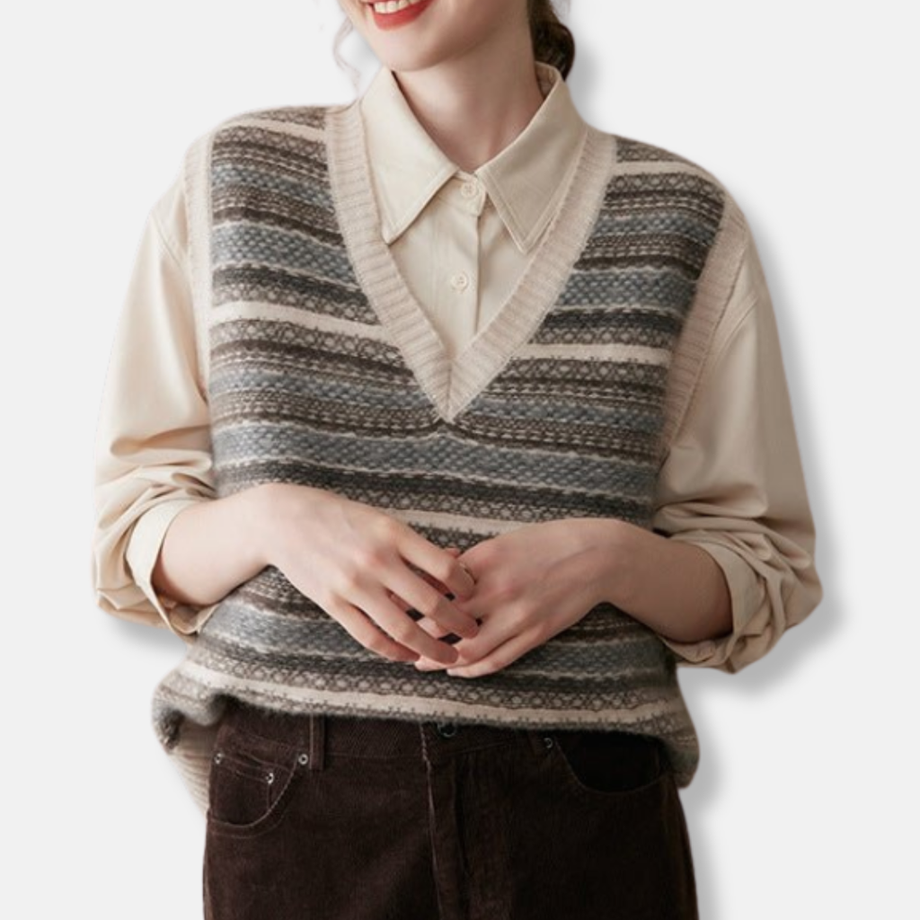 SUENTA Damen Weste Lockere Passform Fair-Isle-Muster Gerippte Bündchen Beige